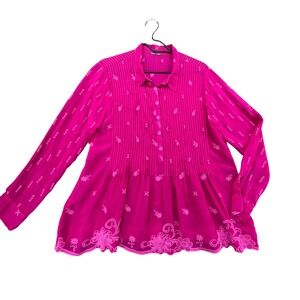 Johnny Was Magenta Cupra Rayon Embroidered Pintuck Peplum Tunic‎ Blouse size M